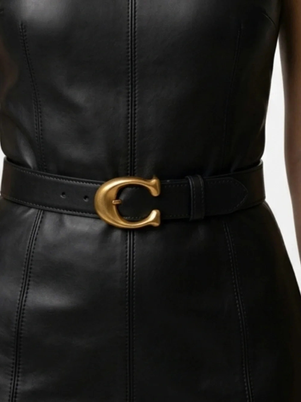 Black Leather Belt with Gold 'C' Buckle - Women's Fashion Accessory